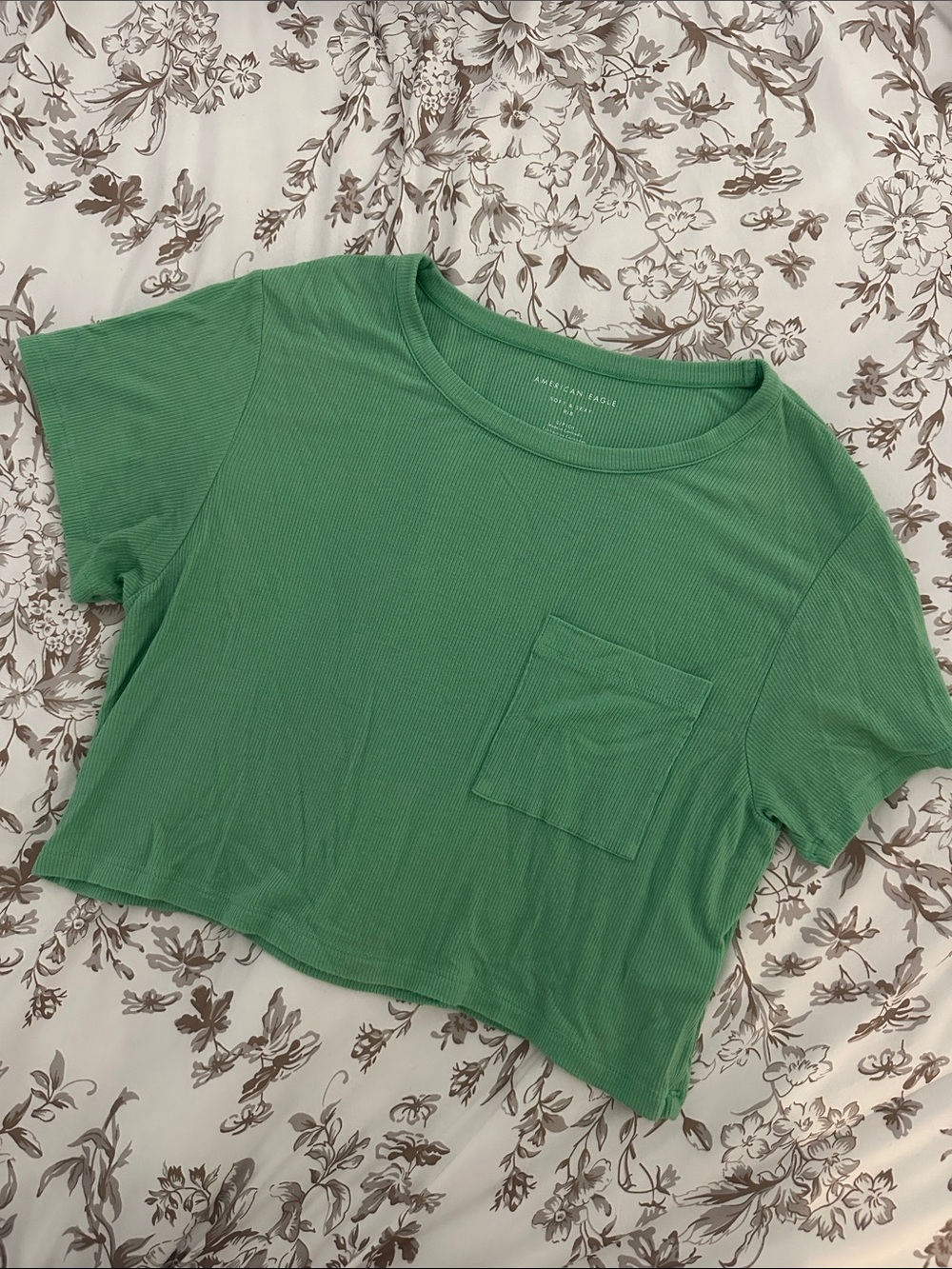 American Eagle Outfitters Green Ribbed Pocket Crop Tee